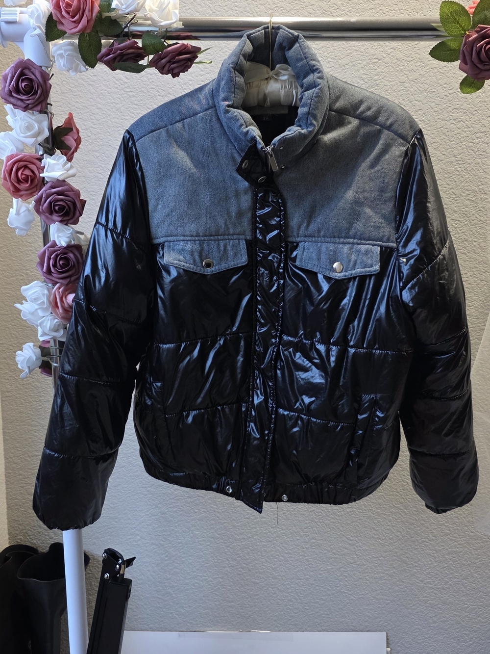 Womens Black Puffer Jacket with Gray Yoke